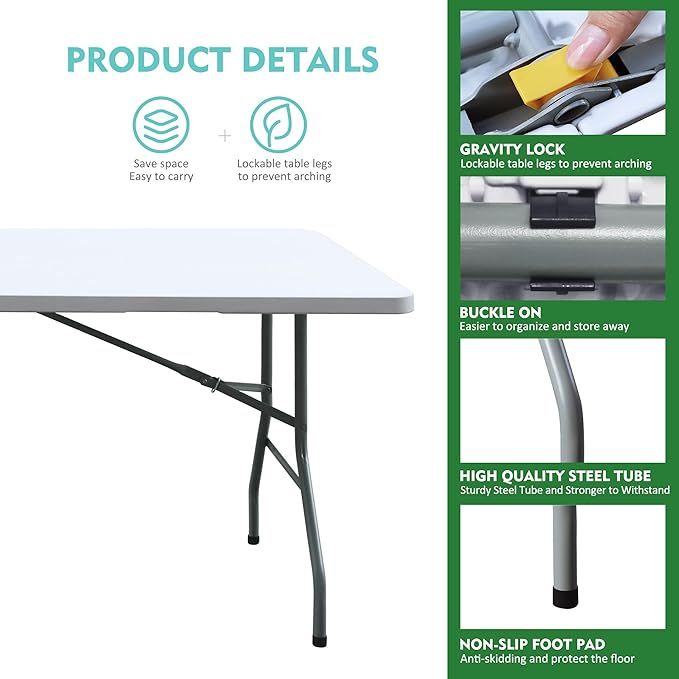 Foldable Table, Plastic 6FT Folding Table, Indoor Outdoor Portable Utility Table with Handle for Party, Camping and Picnic, White
