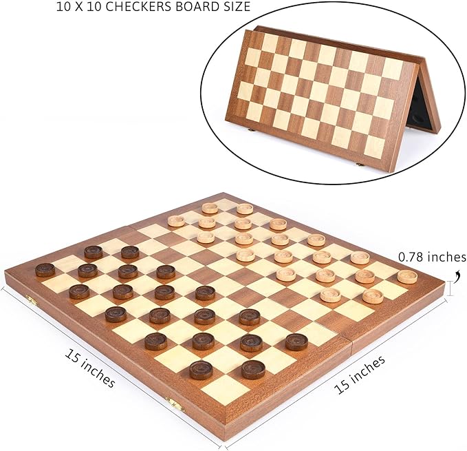 VAMSLOVE 15inch Checkers Folding Wooden Game Set, 100 Square Checkerboard International Checkers Draughts Board 10x10 for Kids with Pieces Storage Slots (Instructions Included)