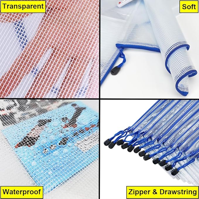 AUSTARK 20 Pcs Zipper File Bags, Plastic Mesh Pouch, Board Game Storage Bag, Waterproof Bags for Office School (A4 Size 13.4''x9.4'', White and Blue)