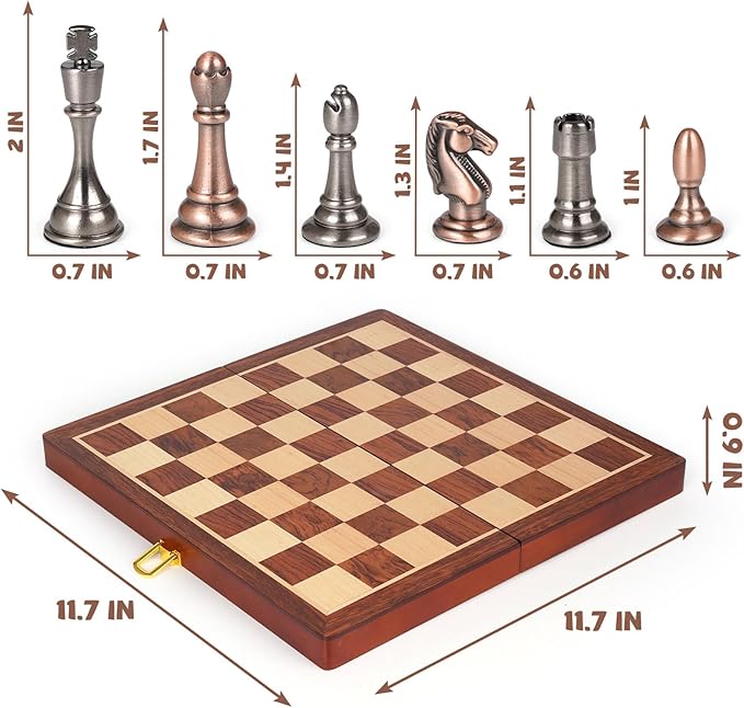 12-Inch Metal Chess Set Pieces – Wooden Chess Board Set Folding Travel Chess Sets,Metal Bronze & Silver Chessmen, Bonus 2 Extra Queens, Portable and Durable Classic Chess Game for Kids and Adults