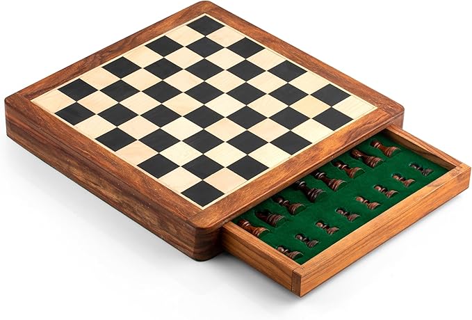 12" Non Folding Magnetic Ebony & Golden Rosewood Chess Set with Leather Bag (Chess Set Without Algebraic Notation)