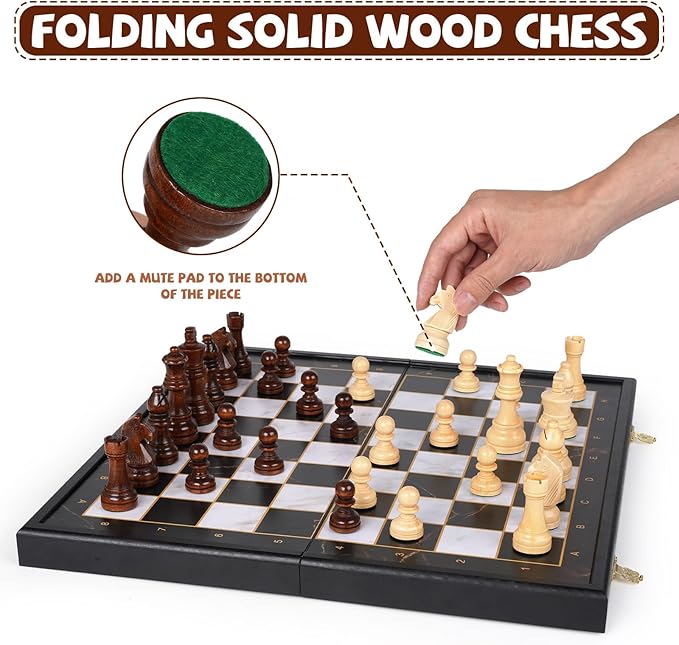 15-Inch Wooden Chess Set – Premium Folding Wooden Chess Board with Carved Chess Pieces, Built-in Storage, Portable and Travel-Friendly Chess Game Sets for Adults and Kids
