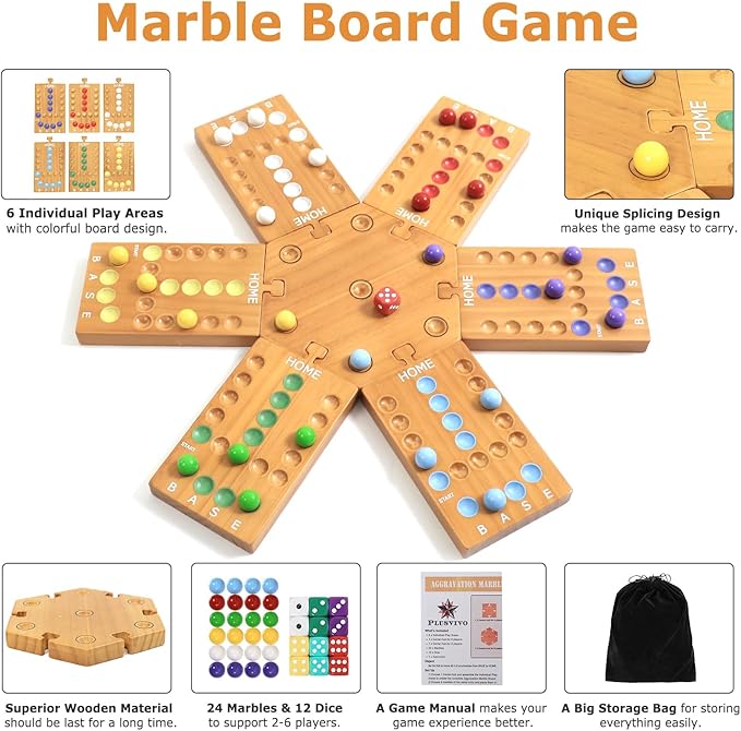 Marble Board Game, Wooden Board Game for 4 and 6 Players, Portable Original Marble Game with 24 Marbles 12 Dice for Family Friends Party Game Night