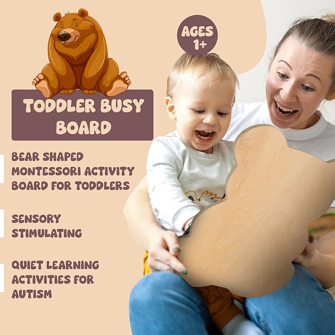 Busy Board Bear for Toddlers 1-3, Montessori Sensory Board - Busy Boards, Montessori Toys for Kidโs Development with 11 Activities: Numbers, Keys, Locks, Latches, Zipper, and Velcro