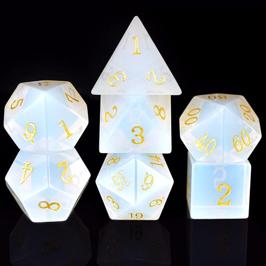 Gemstone DND Stone Dice Sets D&D 7 Pcs Polyhedral Dice Set Handmade Opal Stone Dice Set Natural Gemstone Dice Sets with Metal Case for Dungeons and Dragons RPG MTG Tabletop Games