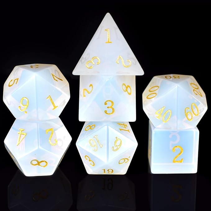 Gemstone DND Stone Dice Sets D&D 7 Pcs Polyhedral Dice Set Handmade Opal Stone Dice Set Natural Gemstone Dice Sets with Metal Case for Dungeons and Dragons RPG MTG Tabletop Games
