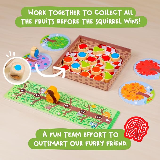 Nene Toys Squirrel in The Orchard - Cooperative Wooden Game for Toddlers Ages 2-4 - Educational Board Game for 2 3 Year Olds, Orchard Game to Enhance Color Recognition & Counting Skills