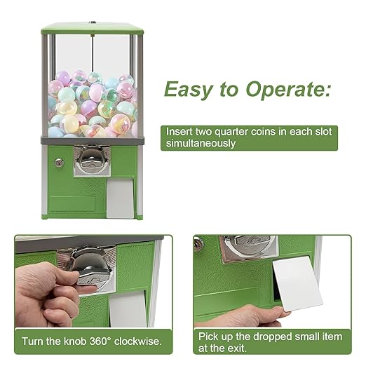 Gumball Vending Machine, Big Bubble Candy Dispenser Machine Candy Gumball Machine Bank, 2 25 Cent Coins Each Side, 1.77in Capsule Toys, Gum Ball Vending Machines for 25 Cent Coin Only (Green)