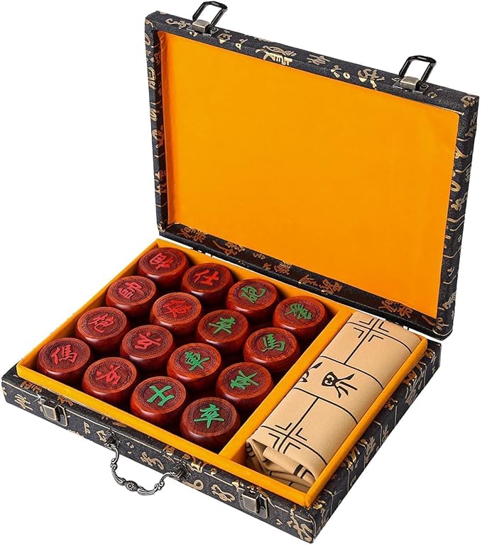 1.88inch Mahogany Chines Chess Gift Box Set (Xiangqi ) Chines Traditional Xiangqi Classic Educational Strategy Board Games 2 Players Travel Game Set with Wooden Box and Leather Chessboard