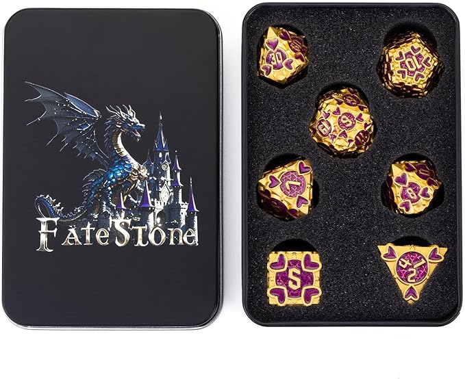 DND Metal Dice 7pcs DND dice Set Box for Dungeons and Dragons MTR PRG Tabletop Games (Gold-Purple)