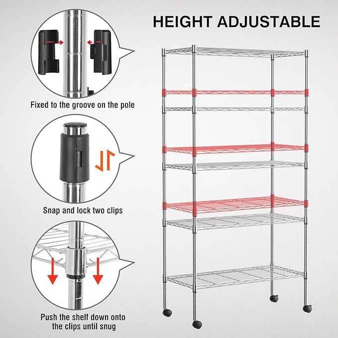 FDW Adjustable Storage Shelves 5-Tier Wire Shelving Unit Heavy Duty Metal Shelves with Wheels 14”Dx30”Wx61”H Storage Shelf Rack for Home Kitchen Commercial, Chrome