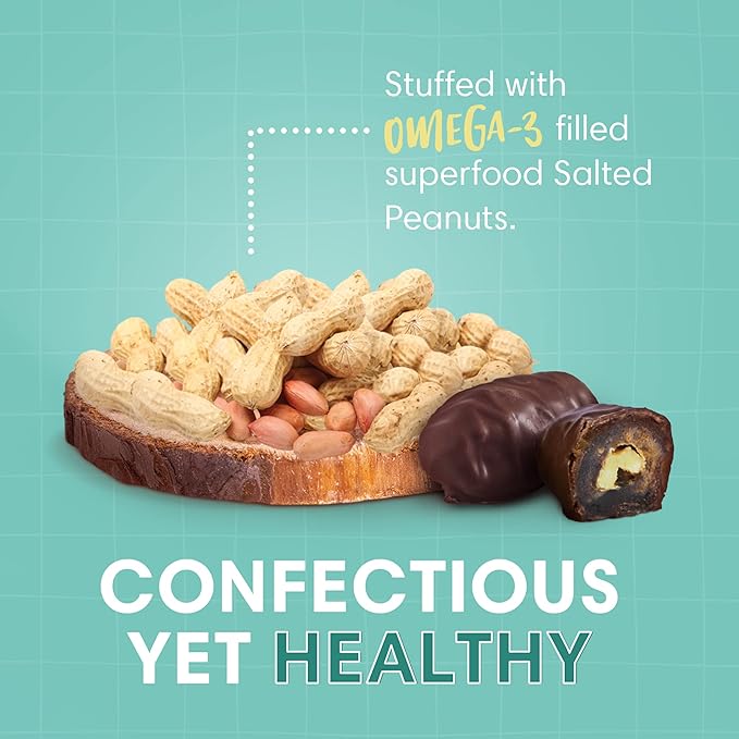 DORREL - Belgian Dark Chocolate Covered Dates (Medjool) with Salted Peanuts Stuffing, High Energy Vegan Choco Snack, Delicious, Kosher & Non-GMO, Pack of 1 Stuffed Chocolate Dates, 7.05 oz / 200 g Ea