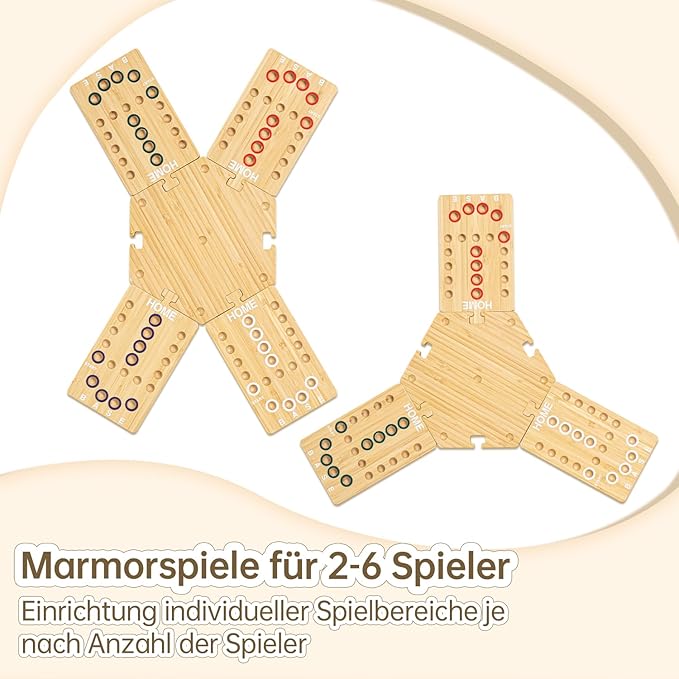 Wooden Marble Board Game for 2-6 Players, Portable Fast Track Board Game with 24 Marbles and 6 Dice for Family Friends, Party Game Night