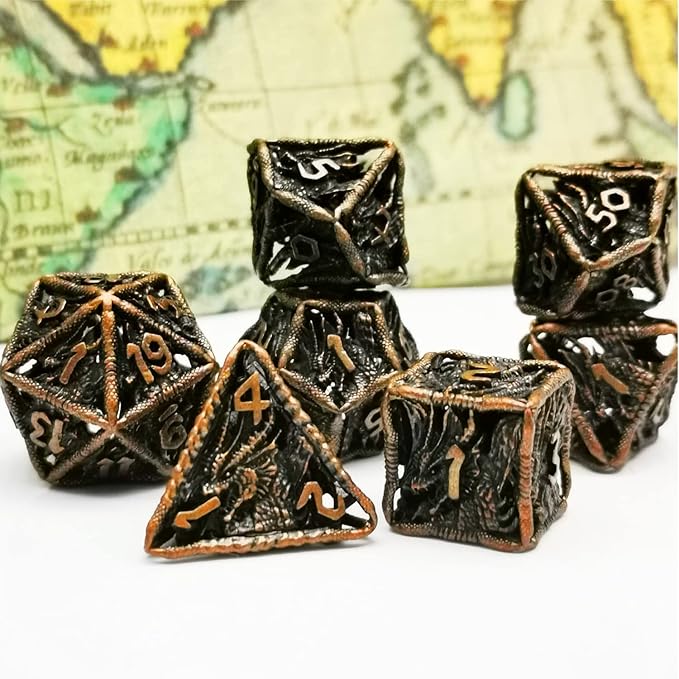 HAOMEJA Dice Hollow DND Dragon Metal Dice Set 7 Role Playing Dice D&D Dungeons and Dragons Dice (Antique Red Copper)