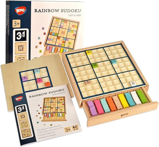 BOHS Wooden Rainbow Sudoku Puzzle - 3 in 1 Easy to Hard - with Sudoku Book of 320 Puzzles - Desktop Brain Teaser Game Toys