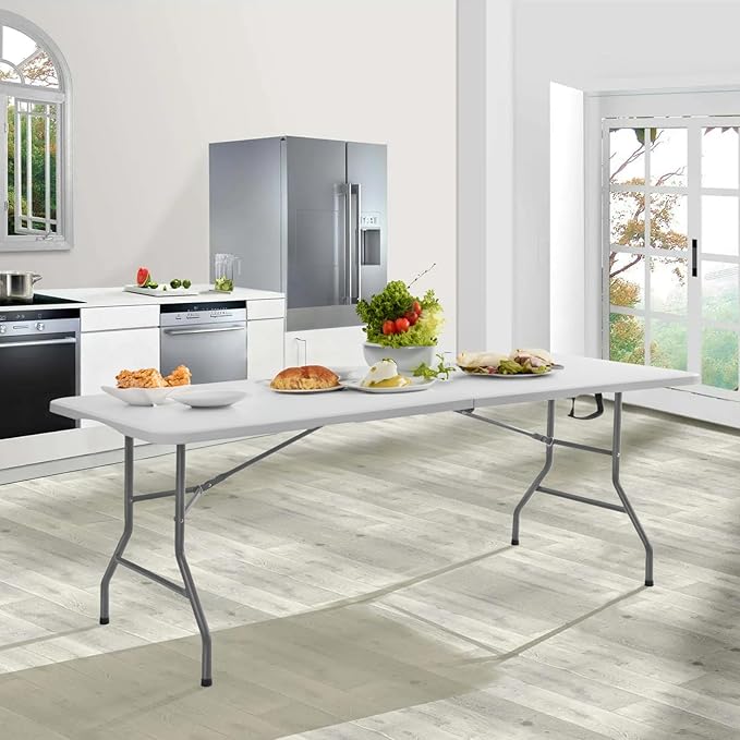 SKOK Folding Picnic Table 8 Foot, 8FT Long Plastic Picnic Table Portable with Carry Handle, White Tailgating Utility Commercial Craft Table with Heavy Duty Frame for Party & Events,330lbs