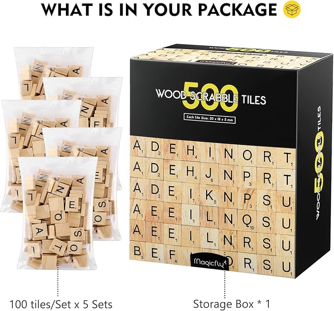 500 Pieces Letter Tiles, Magicfly Wooden Scrabble Tiles for Crafts, A-Z Capital Wood Letters for Crafts, Spelling,Scrabble Crossword Game