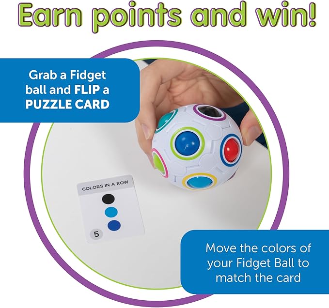 Continuum Games Fidget About It The Fast Paced Puzzle Dice Rolling Fidget Toy Board Game - Click The Orbs and Solve The Puzzles On The Cards - Fun for Family Game Nights - 2-4 Players Ages 6 and Up