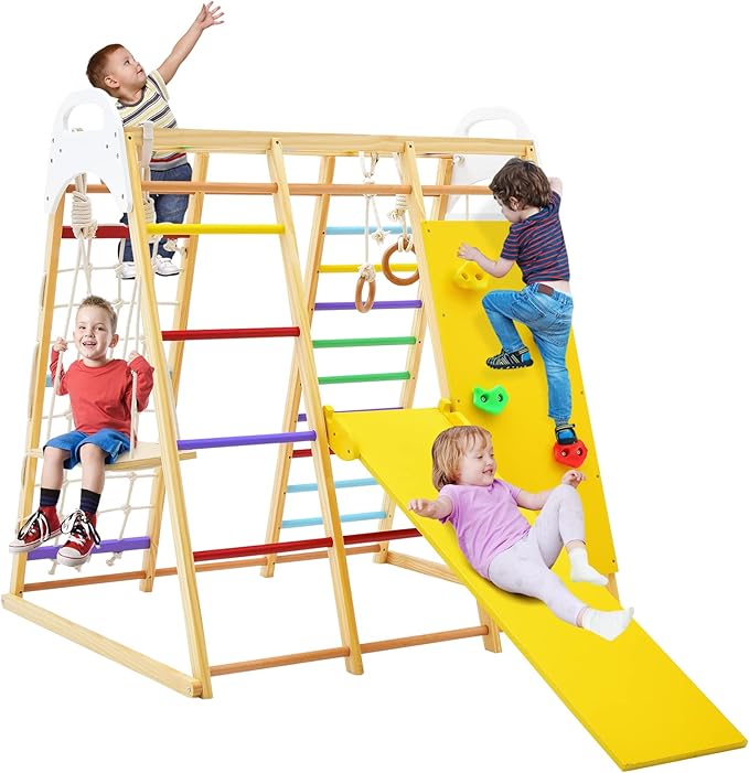 Costzon Indoor Jungle Gym, 8-in-1 Montessori Climbing Toys for Toddlers with Slide, Climbing Rock/Net, Monkey Bars, Indoor Wooden Playground Climber Playset for Kids 3-6 Years Birthday