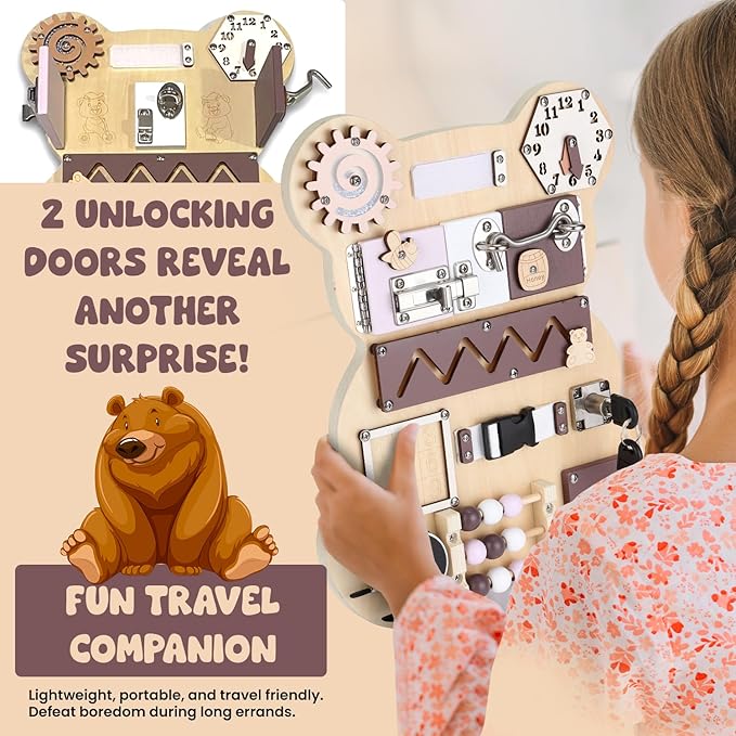 Busy Board Bear for Toddlers 1-3, Montessori Sensory Board - Busy Boards, Montessori Toys for Kidโs Development with 11 Activities: Numbers, Keys, Locks, Latches, Zipper, and Velcro