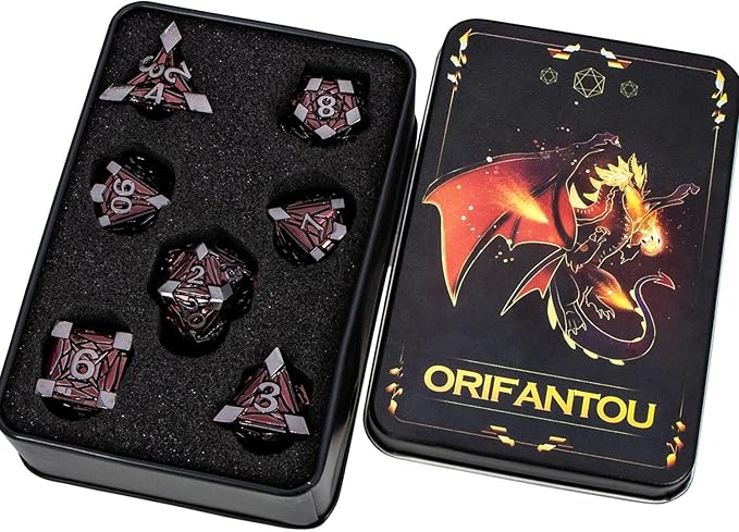7PCS Metal DND Dice Set with Box, Debris RPG Red D and D Dice for use with D&D Tabletop Games Role Playing Game Polyhedral Dice Set D20 D12 D10 D8 D6 D4
