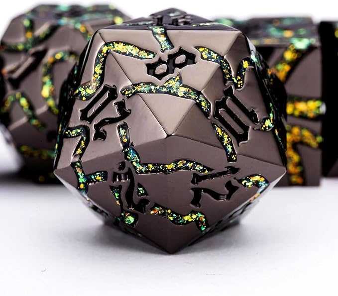 7PCS DND Dice Set,Metalli Crack Stripe Dice Set with Gift BOC,Dungeons and Dragons Polyhedral Metal Dice for RPG Board Games (Black Nickel Yellow)