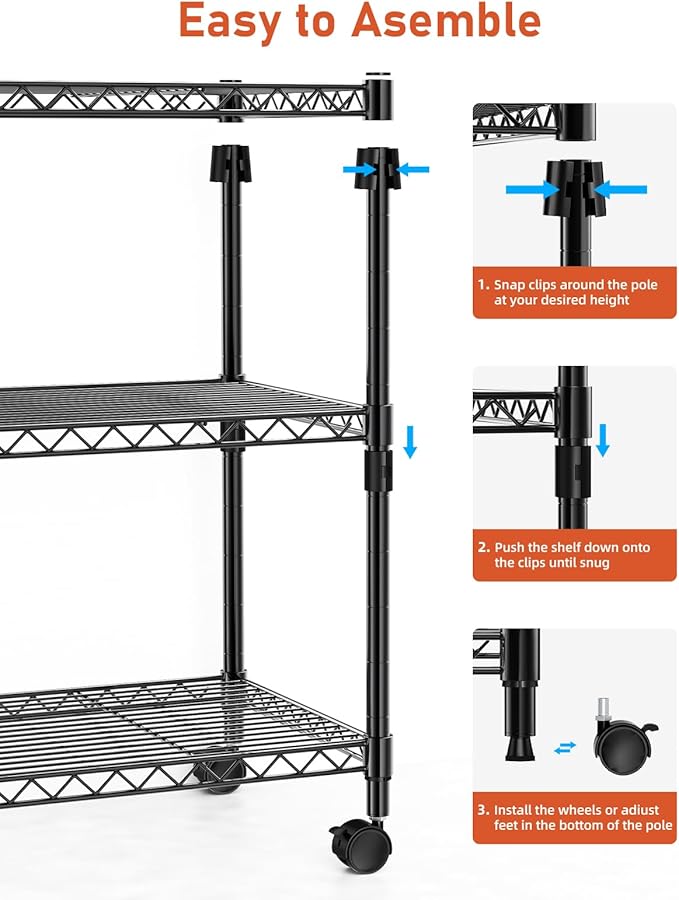 YSSOA 3-Tier Storage Shelves, 24.02" W x 13.78" D x 29.92" H Shelving Unit, 750 Lbs Loading Capacity, Black