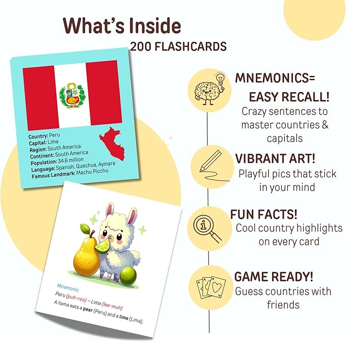 200 Geography Flash Cards for Kids & Adults | Learn Countries & Capitals with Fun Memory Tricks, Games & Illustrations | Includes Country Flags & Fun Facts