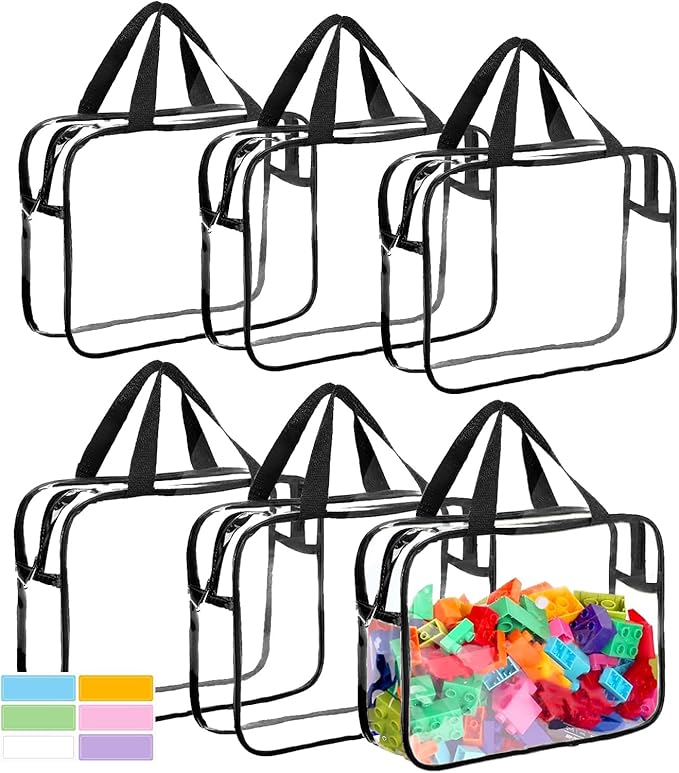 Clear Storage Bag with Zipper - Organizing Bags for Home Travel with Handles - for Building Blocks, Puzzle, Book, Board Game(Black, 6 Packs)