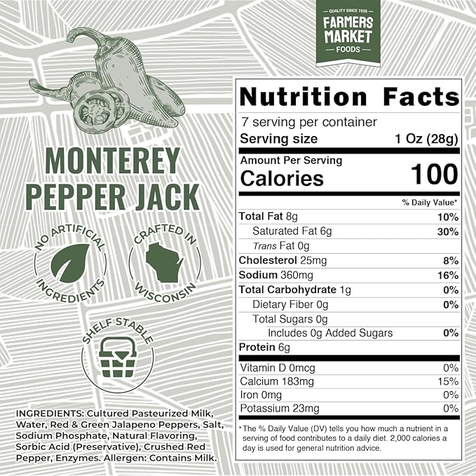 Farmers' Market Monterey Pepper Jack Cheese Block 7oz, Shelf Stable, Locally Sourced Wisconsin Cheese, All Natural Snack, Perfect for Slicing and Shredding, 3-Pack