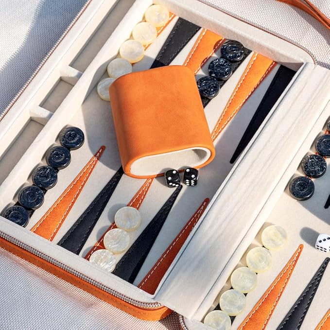 Backgammon Sets for Adults, Classic Board Game with Folding Leather Backgammon Case, Portable Travel Backgammon Game Set (Orange)