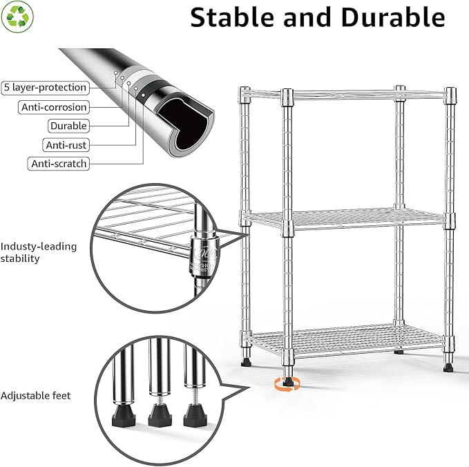 450 lbs Wire Storage Shelving 3-Tier Utility Shelving Unit Steel Organizer Wire Rack for Home,Kitchen,Office,Chrome(11.8" D x 17.7" W x 26.3" H)