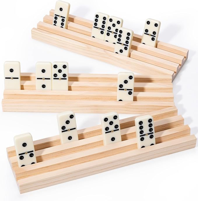 Wooden Domino Racks Set of 8 - Natural Wood Tray Organizer for Mexican Train, Chickenfoot, Classic Domino Games - Durable, Stackable (Dominoes Not Included)