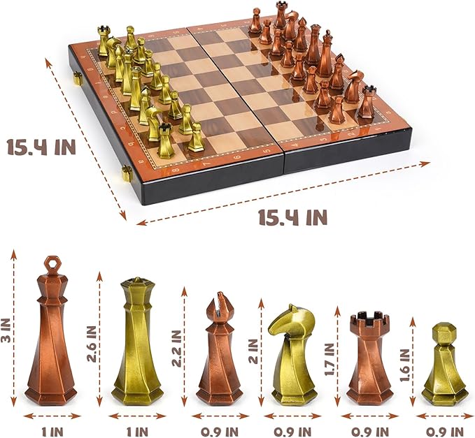 Large Metal Chess Set for Adults – 15" Wooden Chess Board with Metal Chess Pieces Travel Chess Sets with Metal Chessmen – Collectible Elegant Chess Game – Family Vintage Board Game