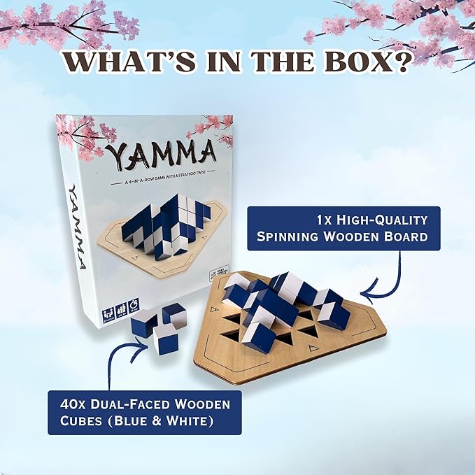 yamma 4-in-a-Row Game with Wooden Spinning Board, 3D Visual Strategy Experience for Ages 12+, a Quick and Clever Challenge Ideal for Families, Teens, and Casual Players