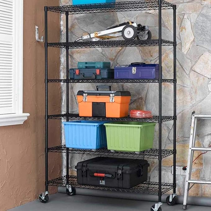 BestOffice NSF Wire Shelving Unit 6-Shelf Large Storage Shelves Heavy Duty Metal Wire Rack Height Adjustable Commercial Grade Utility Storage Rack on 4" Casters 6000LB Capacity 18x48x76,Black