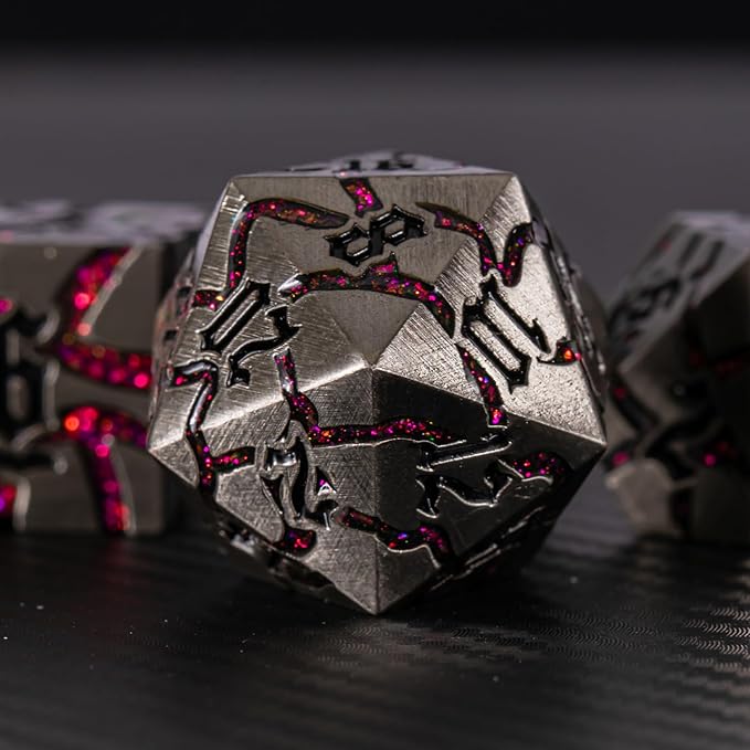 Metal Dice Set D&D,Crack Metallic DND Dice Set with Box, Metal Glitter RPG Dice for Dungeons and Dragons Table Game(Antique Silver Rose red)