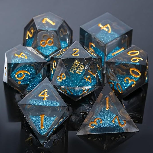 DND Dice Set - Handcrafted Liquid Core Sharp Edge 7-Die Resin Dice with Colorful Quicksand Effect,for DND, RPG, MTG, Tabletop Games(Rebel ESSENC)