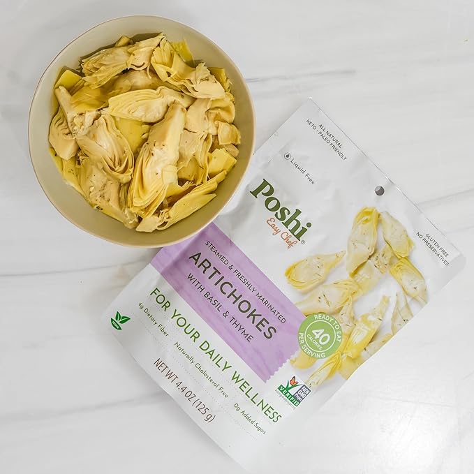 POSHI Marinated Artichoke Hearts with Basil + Thyme Natural, Keto, Vegan, Non GMO, Low Carb + Calorie, Gluten Free Ready to Eat Fully Cooked Vegetables, Pentry Food, Gourmet, Healthy 6 Pack, 4.4 oz