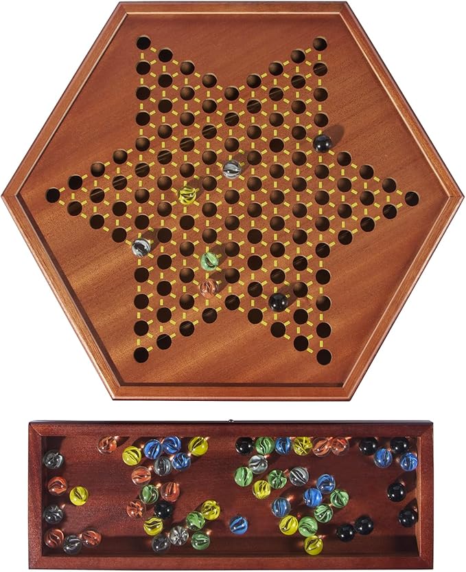 VAMSLOVE Chinese Checkers 15" Large Upgraded Version Wooden Game Board, 16mm 60+12 Colorful Glass Marbles, Easy Grasping for Adults and Kids, w/Storage Drawer, Fun for Family Gathering