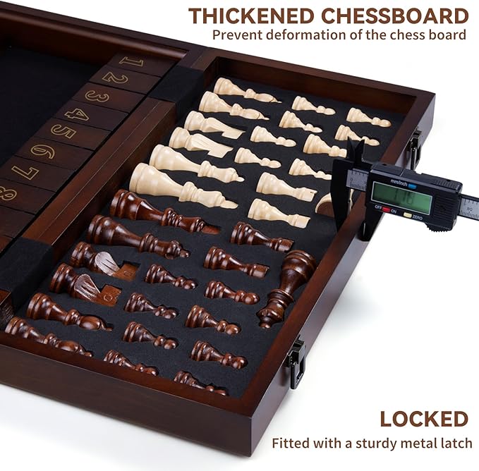 15'' Wooden Chess Set with Shut The Box Game, Magnetic Chess Board-2 Extra Queens-Pieces Storage Slots, Wooden Board Table Math Game, 2-in-1 Folding Board Game Set for Kids, Adults,Beginner