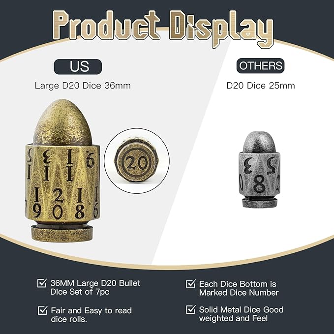 Bullet DND Dice, PCCECQEE Metal Dice Set D&D for Dungeons and Dragons,Polyhedral Dice Sets D&D RPG,Role Playing Table Board Games or Warhammer 40K Shadowrun Dice (Broze)