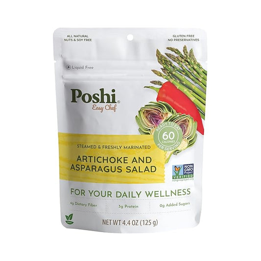 POSHI Artichoke & Asparagus Salad Natural, Keto, Vegan, Non GMO, Low Carb + Calorie, Gluten Free, Ready to Eat, Fully Cooked Vegetables, Pentry Food, Gourmet, Healthy, Travel Food, 6 Pack, 4.4 oz