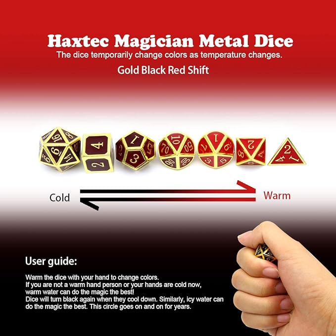 Haxtec Metal DND Dice Set Heat Sensitive Color Changing Metal Dice Polyhedral D&D Dice for RPG Dungeons and Dragons-Gold Black Red Shift