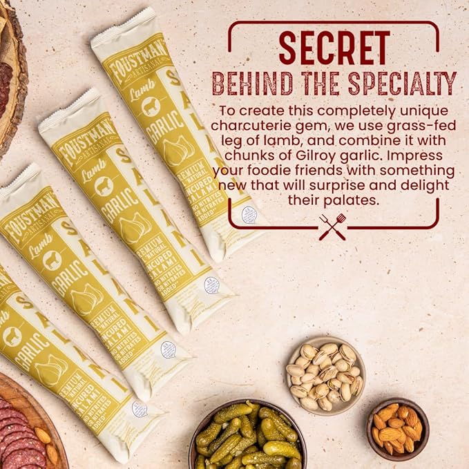 Foustman's Salami Garlic Lamb Artisanal, Nitrate-Free, Naturally Cured, Gluten-Free, Dairy-Free, No Pork, Pack of 3, 8 Oz Each