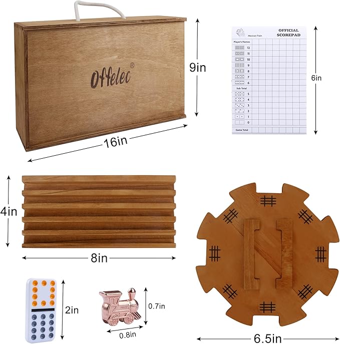 Mexican Train Double 12 Dominoes Set with Wooden Box, Domino Tile Board Games with 8pcs Trays, 9 Markers, 91 Tiles, 2 Scoreboards and Hub - Dominos Set for Adults Kids and Family Game Night