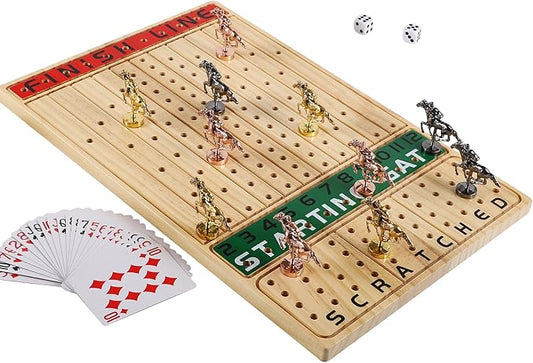 Horse Race Board Game Finish Line Racing Game with 11 Luxurious Metal Horses with 4 Dice and 2 Boxes of Cards Solid Wood Horse Racing Game Board Color Box Packaging (Small, Log Color)