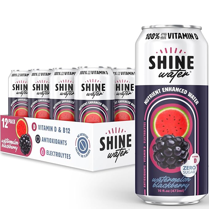 ShineWater Vitamin D Hydration Electrolyte Drink - Flavored Water with Electrolytes, Sugar-Free, Magnesium, Zinc, Vitamin B12, Plant-Based, Low Calorie - Watermelon BlackBerry Fruit Water 12 Pack