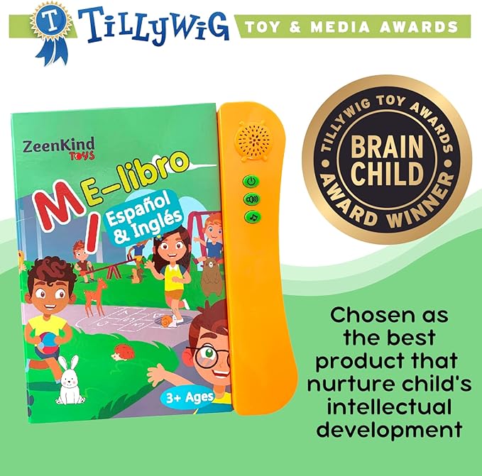 ZEENKIND Spanish & English Talking Learning Book for Kids 2 3 4 5 6 Years Old, Interactive Audio Sound Books, Toddler Educational Toy to Learn Spanish, Electronic Bilingual Toys, Juegos para Niños