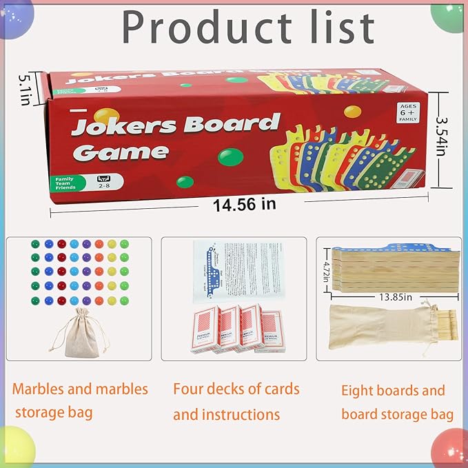 Colorful Jokers and Marbles Board Game Pegs and Jokers Card Game for 2-8 Players 8 Solid Wood Game Boards 4 Colors 40 Marbles 4 Decks of Cards Full Size Game Set